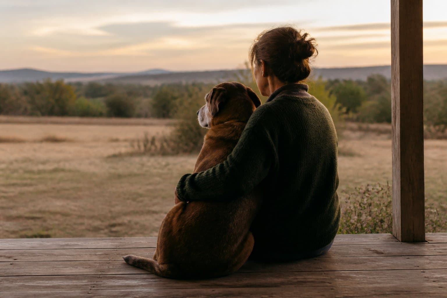 A person sitting on a porch with an older dog leaning into them, both looking out at the same middle distance.