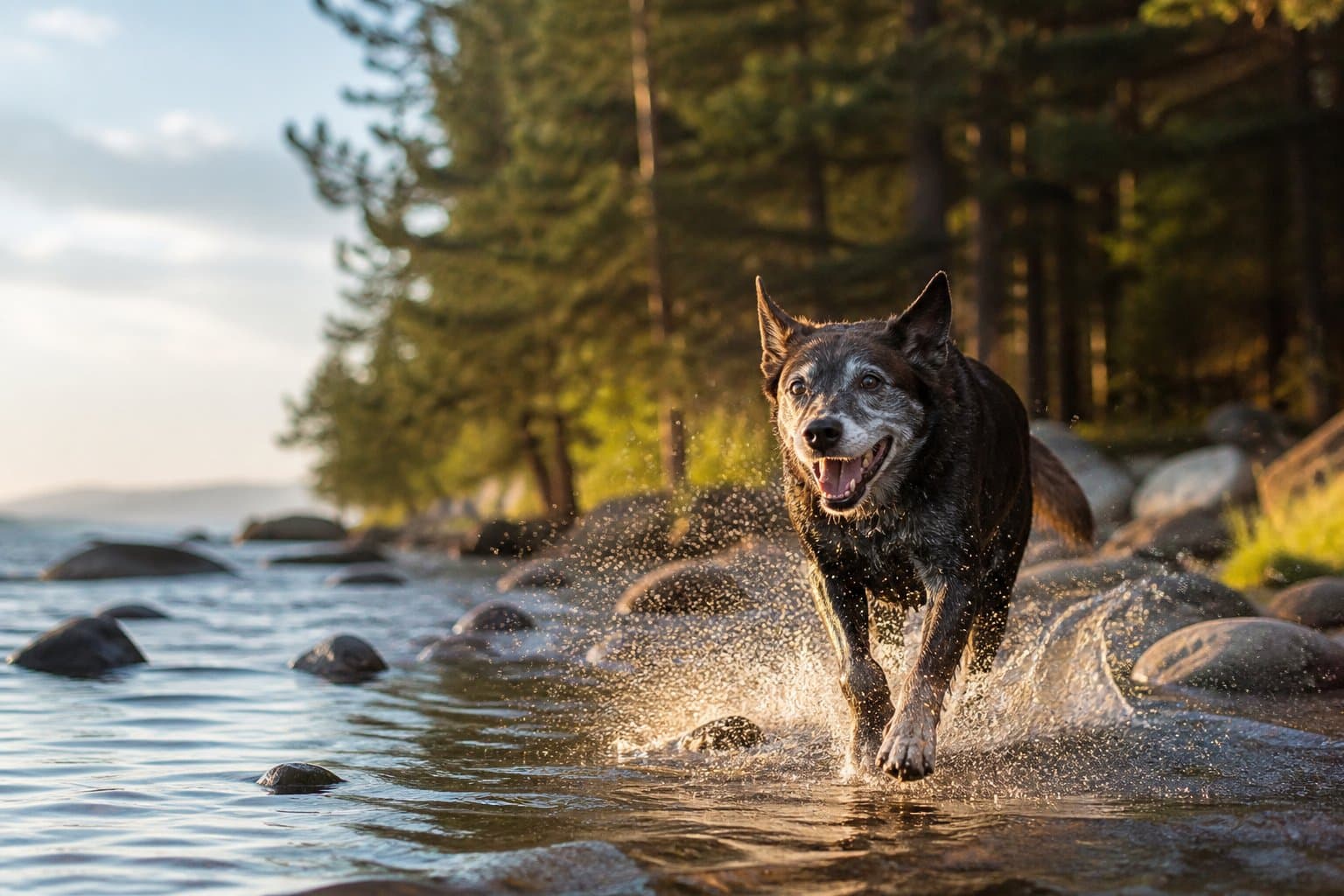 An older dog running through shallow water at the edge of a lake, fully in the moment.