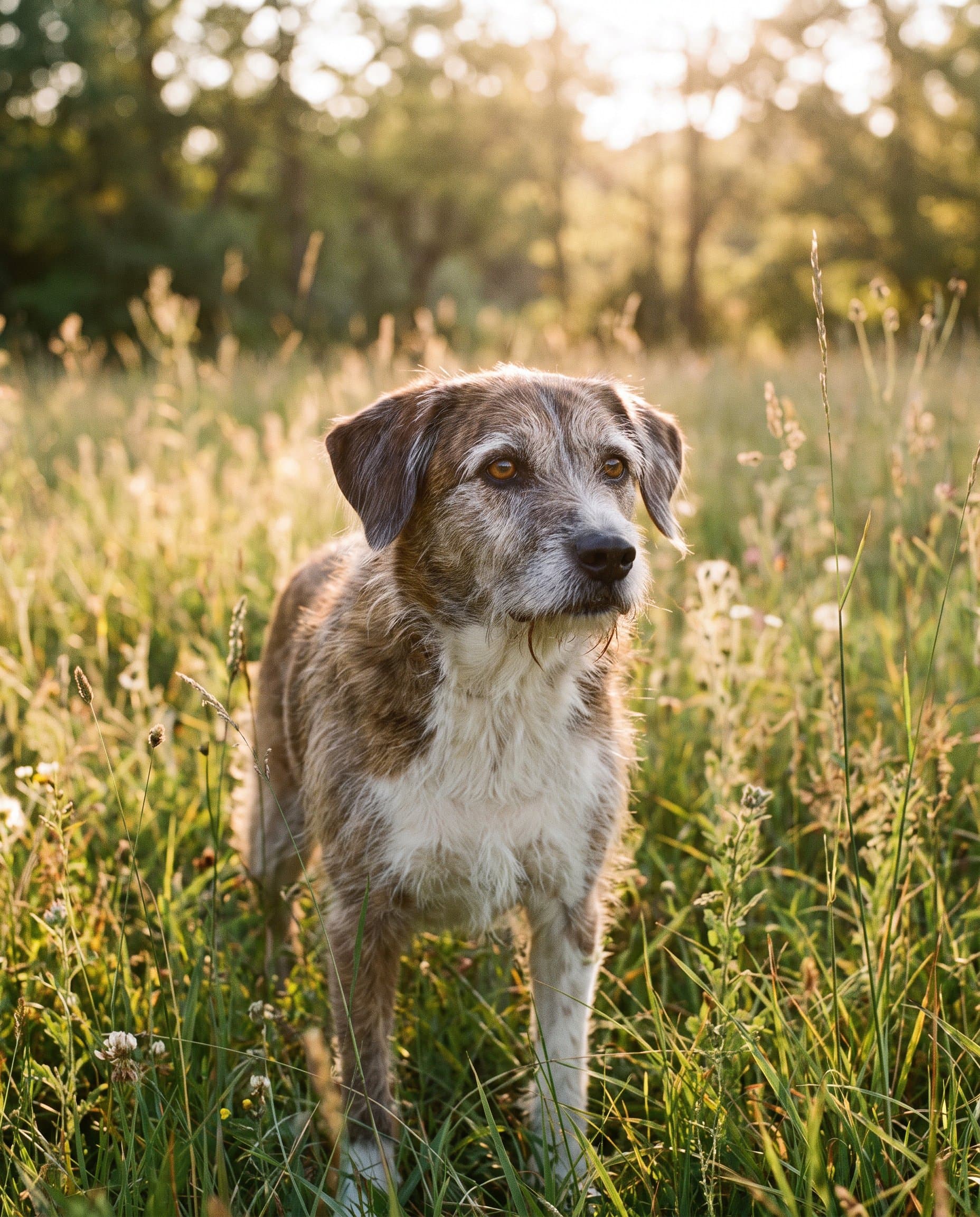 A beautiful senior dog with a gray muzzle standing in a sunlit meadow, looking forward rather than weary.