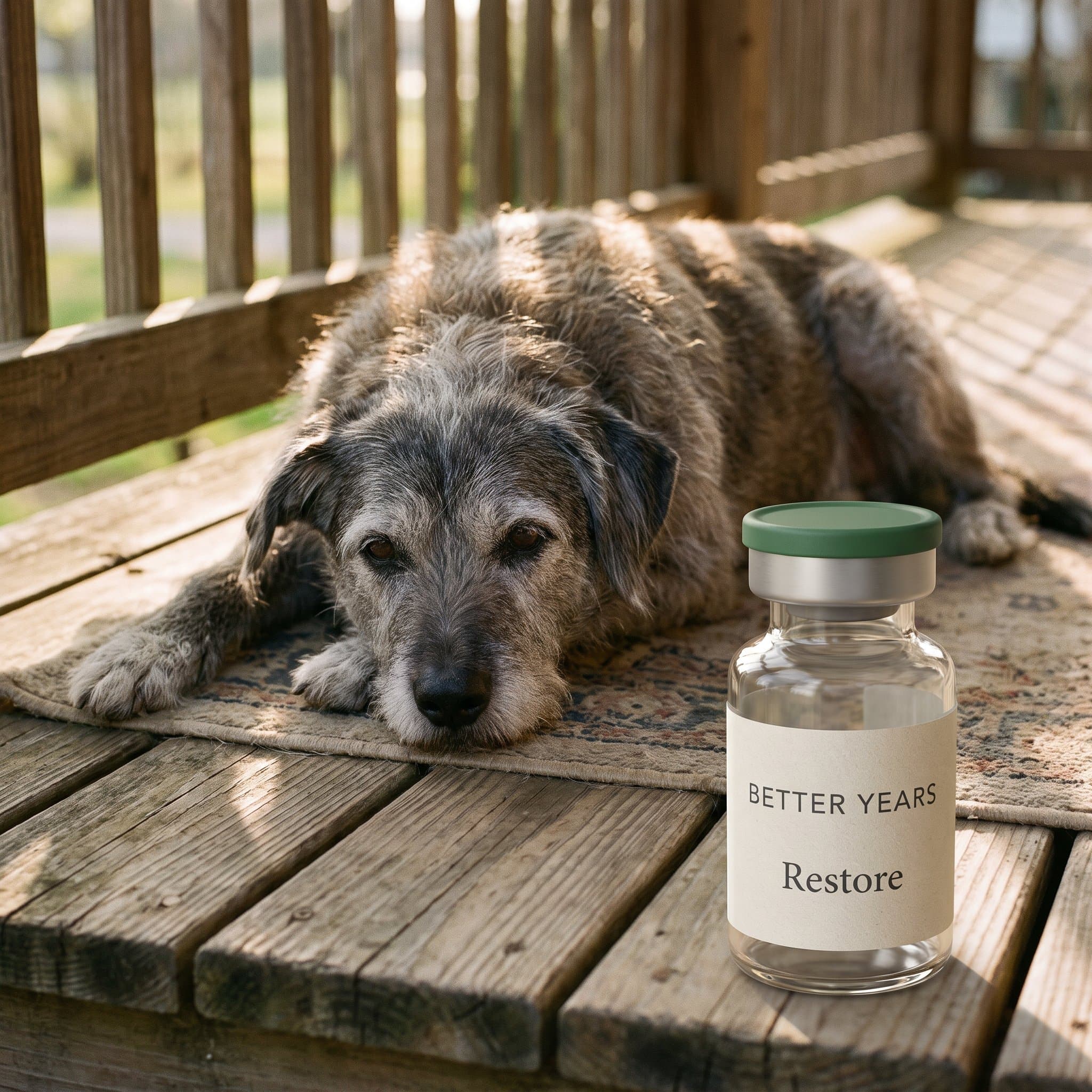 A senior scruffy dog lying on a wooden porch beside a Restore vial in warm afternoon light.