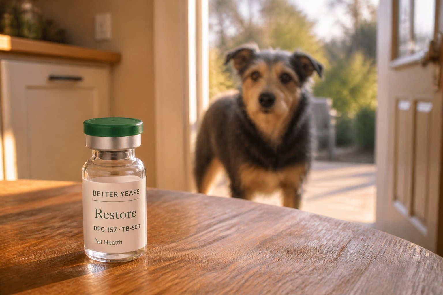 A Restore vial on a sunlit kitchen table, with a senior mixed-breed dog standing in the doorway behind it.