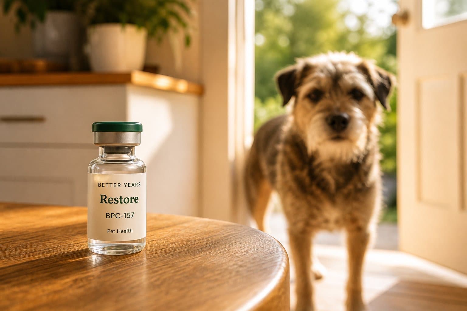 A Restore vial labeled BPC-157 on a sunlit kitchen table, with a senior mixed-breed dog standing in the doorway behind it.