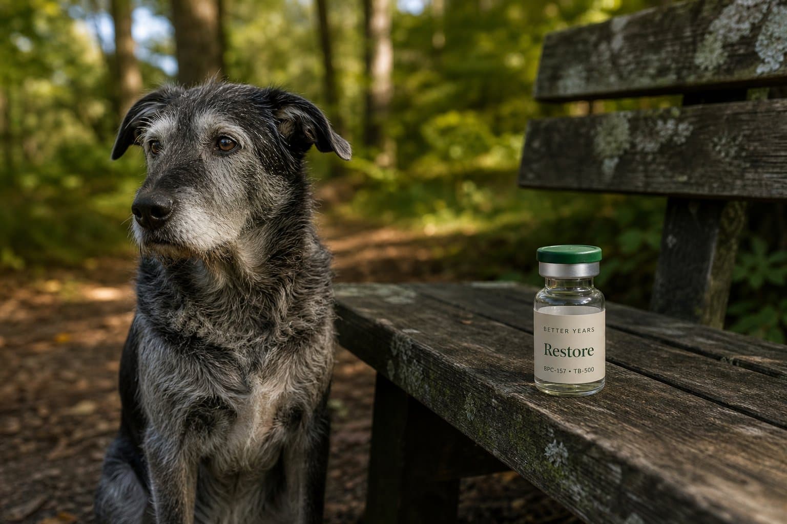 A Restore vial on a trail bench, with a senior dog sitting beside it after a walk.