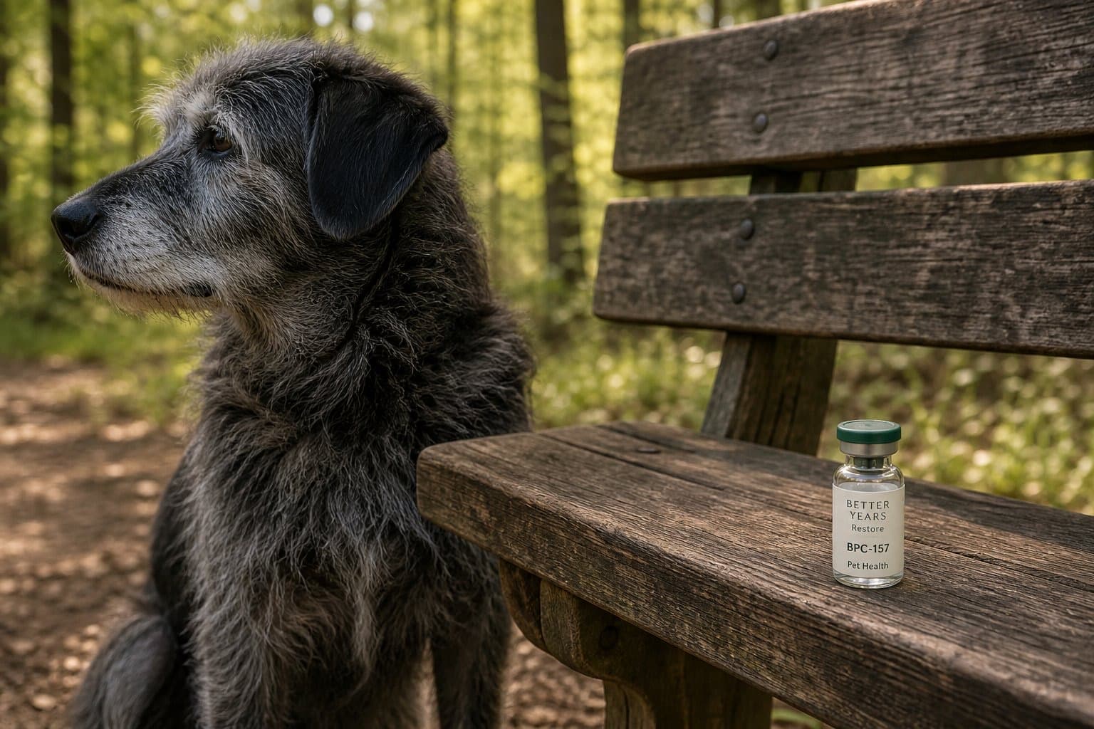 A Restore vial labeled BPC-157 on a trail bench, with a senior dog sitting beside it after a walk.