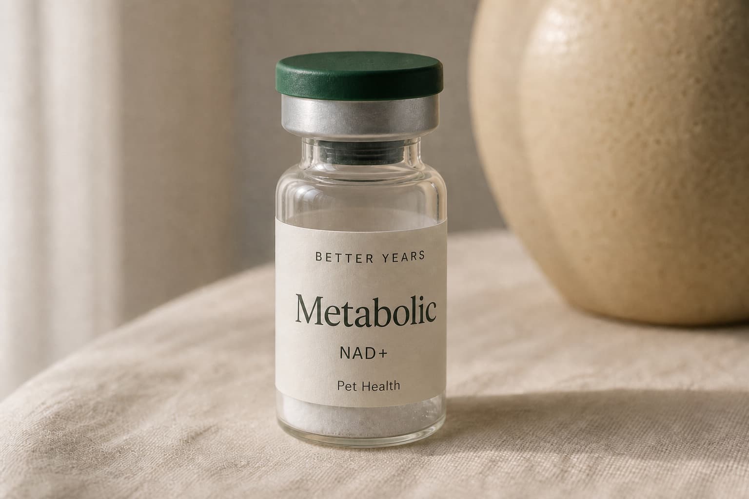 A clear glass Better Years Metabolic vial labeled NAD+, forest-green cap and ivory label, on warm linen.