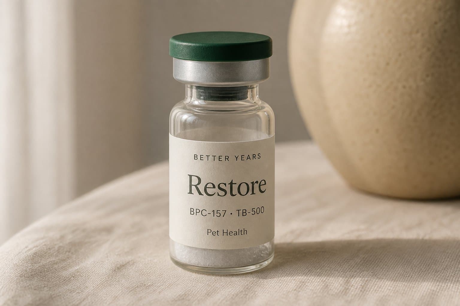 Three-quarter view of a Restore vial with a forest-green cap and ivory Better Years label on linen.