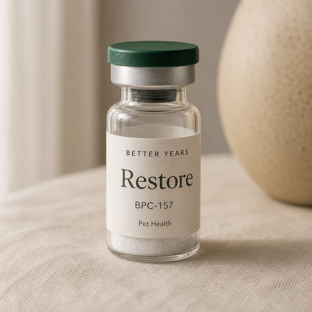 Three-quarter close-up of a Restore vial labeled BPC-157, forest-green cap, on ivory linen.