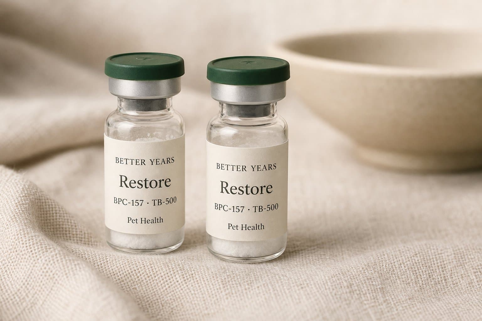 Two Restore vials standing together on ivory linen, forest-green caps, BPC-157 and TB-500 on the labels.