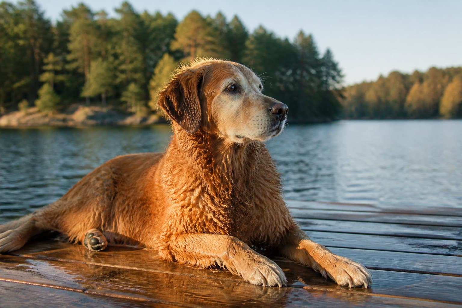 A mature dog resting after a swim on a wooden dock, coat wet, looking alert rather than exhausted.