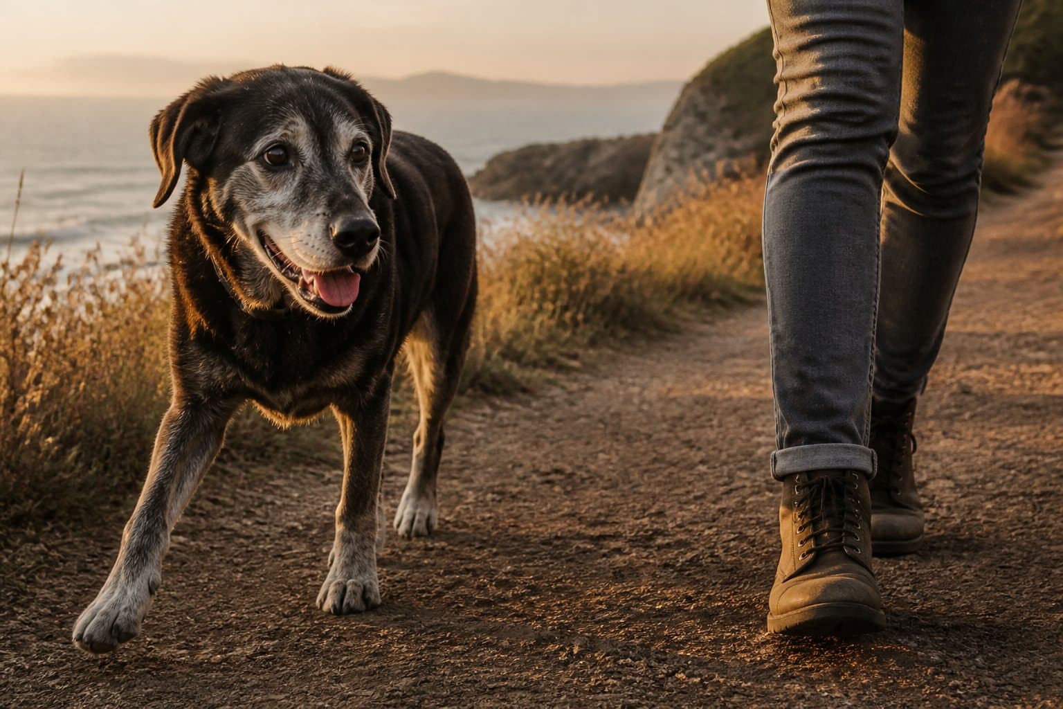 A senior mixed-breed dog walking a coastal path at golden hour, gray muzzle visible, moving with ease beside their person.