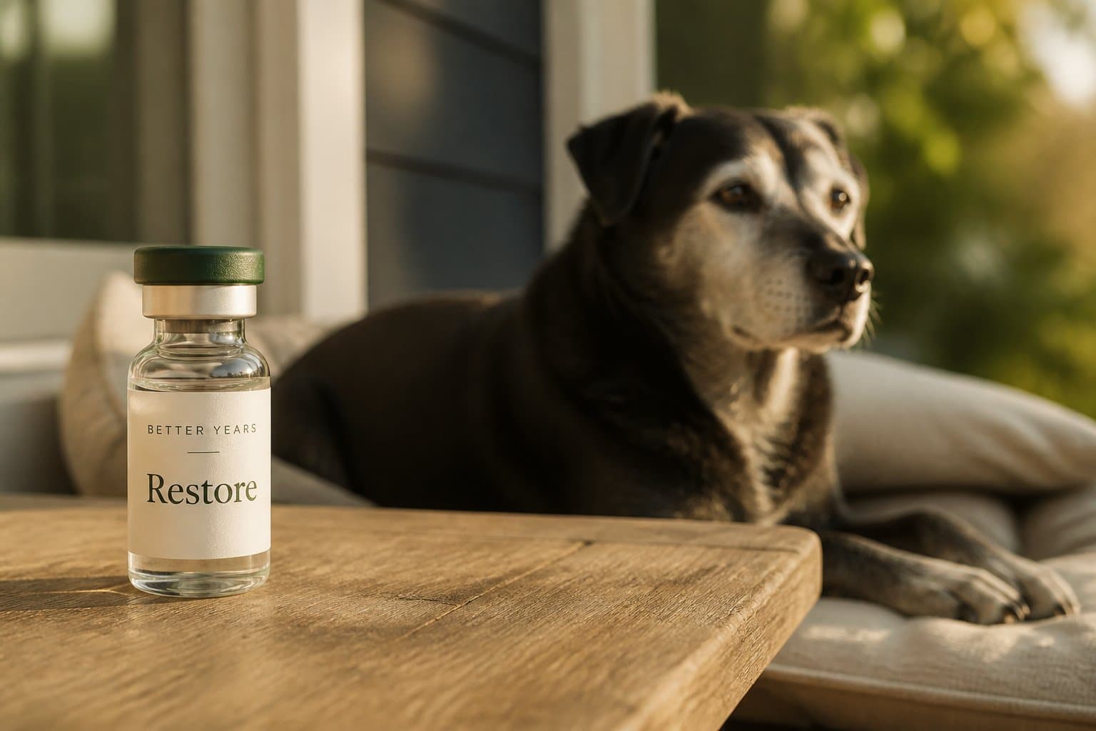 A Better Years Restore vial on a sunlit wooden table, with a senior black dog resting softly out of focus on a porch behind it.