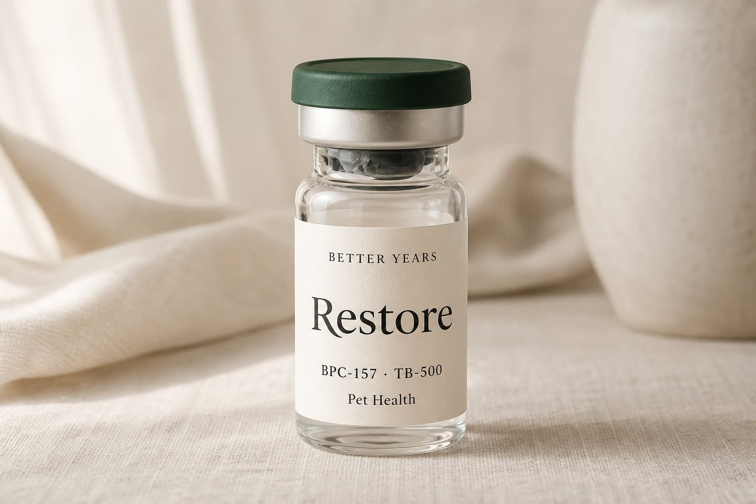 A clear glass Better Years Restore vial with a forest-green cap and ivory label reading Restore, BPC-157 and TB-500, on warm linen.