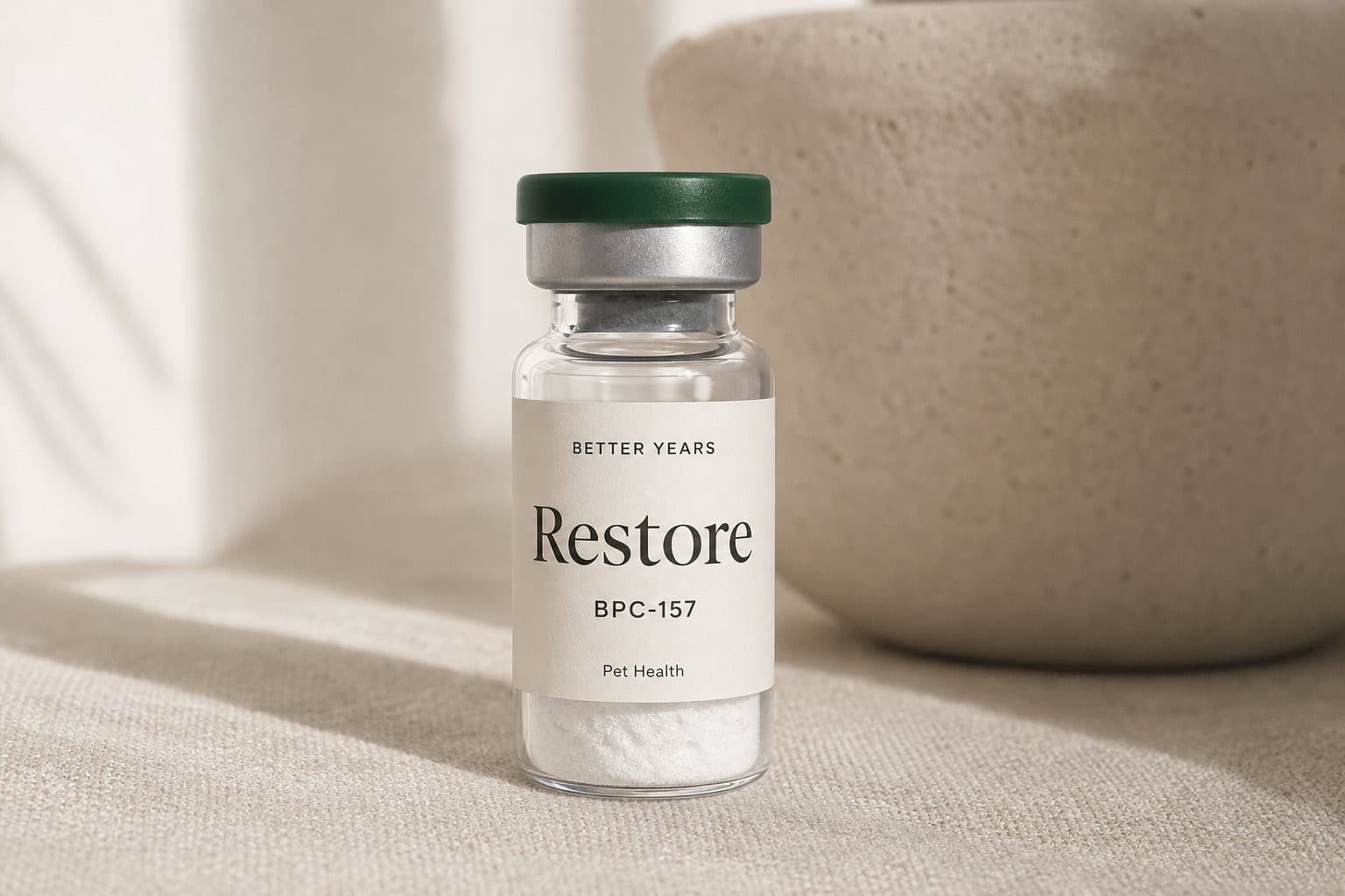 A clear glass Better Years Restore vial labeled BPC-157, forest-green cap and ivory label, on warm linen.