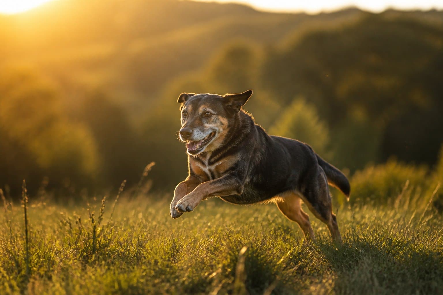 An adult dog mid-stride across a sunlit meadow, body extended, gray muzzle catching golden light.