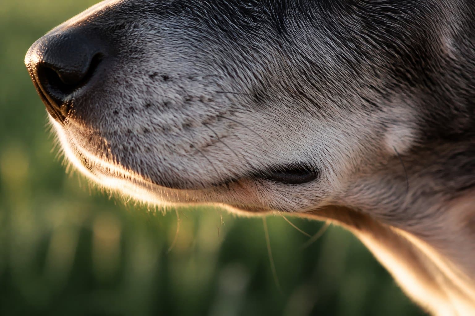 Close-up of a senior dog's gray muzzle and whiskers in warm light, forest green softly out of focus behind.