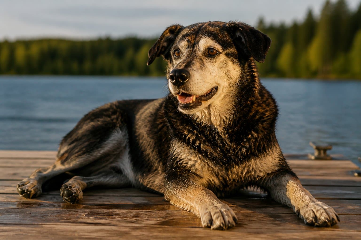A senior dog with a gray muzzle resting on a wooden dock after a swim, coat damp, looking alert rather than exhausted.