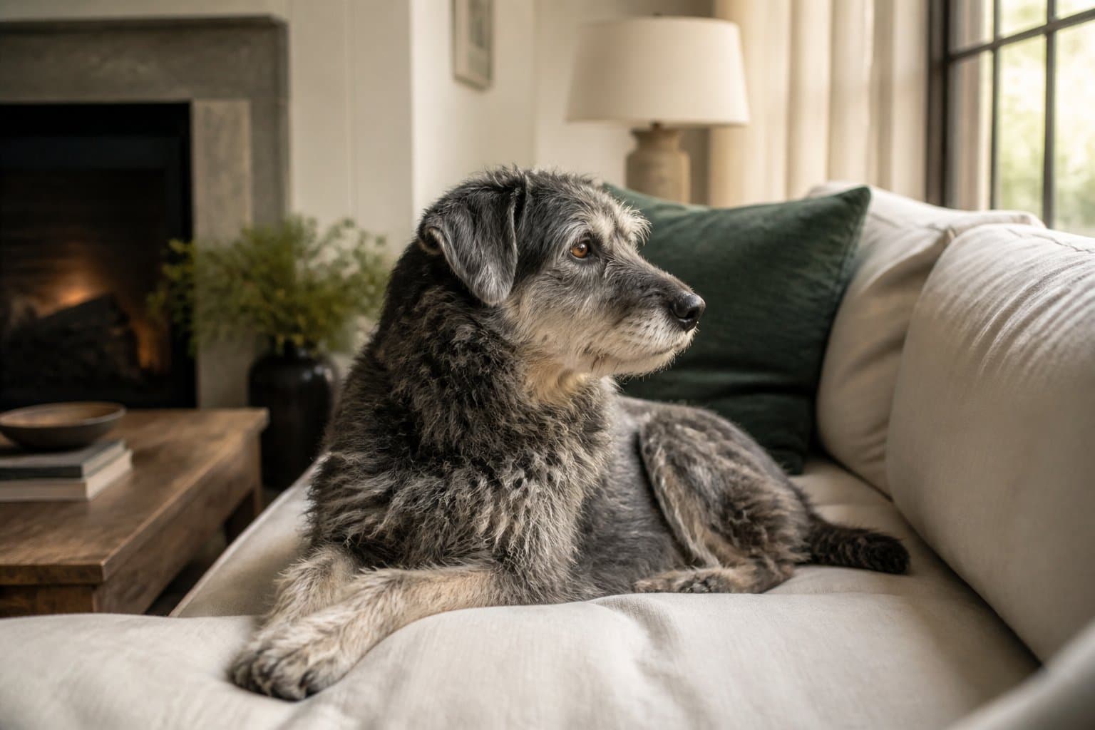 A senior mixed-breed dog with a gray muzzle resting on an ivory sofa in warm afternoon light, calm and present.